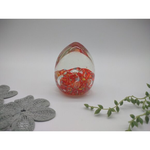 Vintage 3" Norleans Japan Blown Glass Egg Paperweight Orange Millefiori Bubbles - Picture 3 of 17